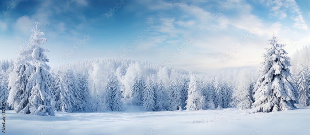 Poster a picturesque winter scene with snowy fir branches forming a copy space image against the backdrop o