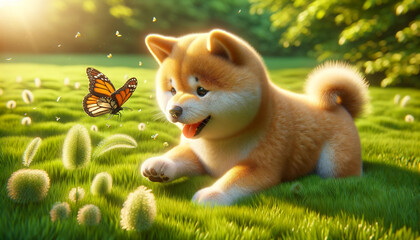 Fototapeta premium Best buddies: cute chubby shiba inu dog puppy playing with butterfly in grassy field