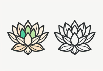 
Two lotus flower icons in the style of simple line art logo design, vector graphic, on a white background,