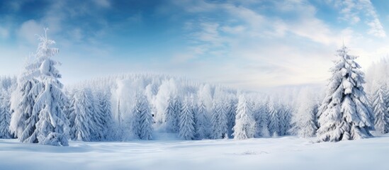 Obraz premium A picturesque winter scene with snowy fir branches forming a copy space image against the backdrop of a natural forest landscape The sky is clear and bright adding to the enchantment of this outdoor