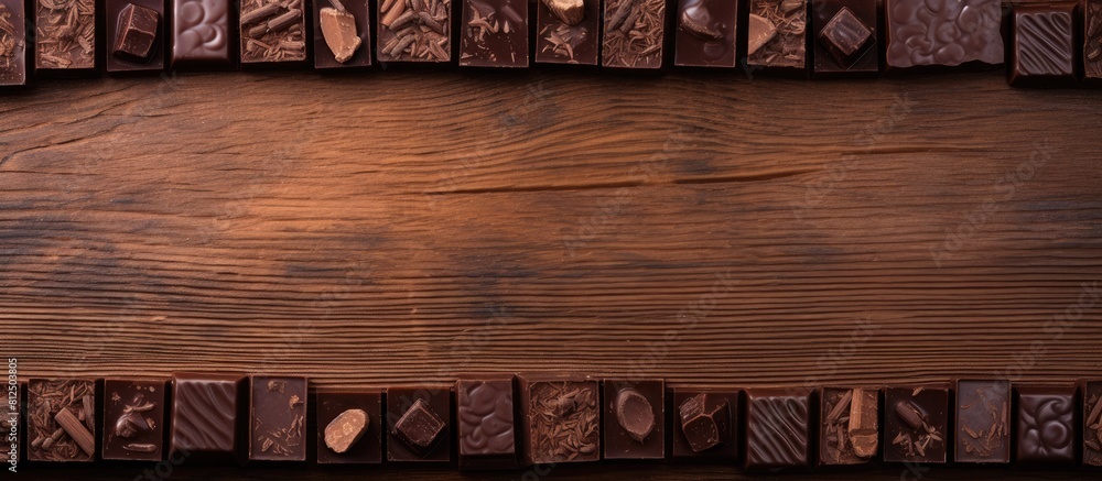Poster top view of a wooden background with pieces of chocolate arranged allowing ample space for text in t
