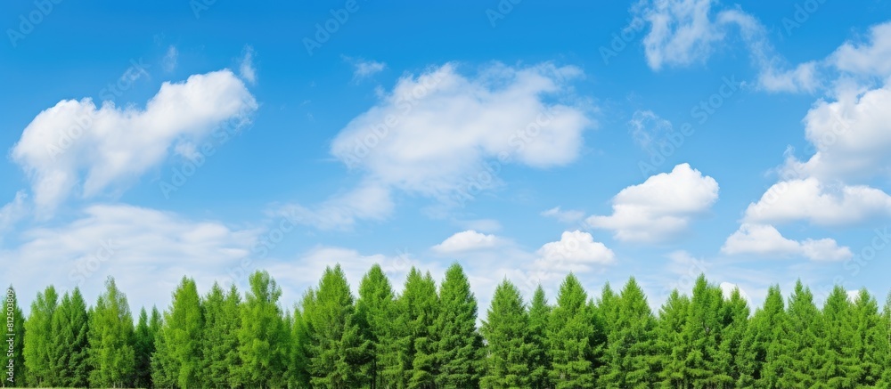 Poster a picturesque scene of tall trees with a clear blue sky adorned by fluffy white clouds offering ampl