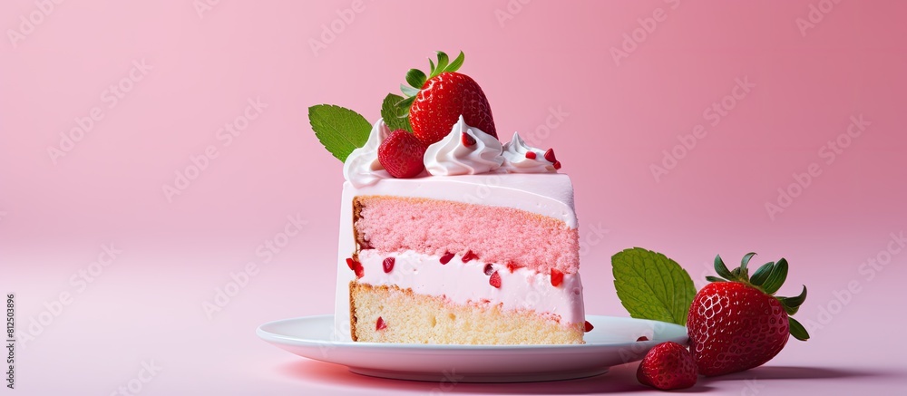 Poster a slice of pink strawberry cake placed on a pink background with extra space for text or other image