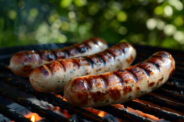 Grilled sausage on the picnic flaming grill