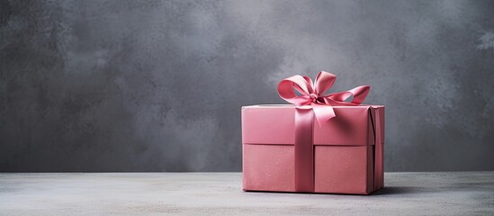 A pink gift box placed on a gray grunge background with ample space for text or an image