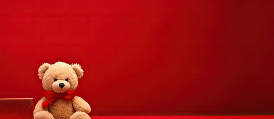 A Christmas teddy bear placed against a vibrant red velvet backdrop providing ample room for additional images or text