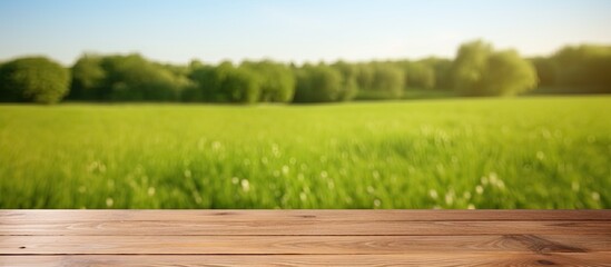 Wooden deck table placed against a green field background creating an empty material for a product display montage Copy space image