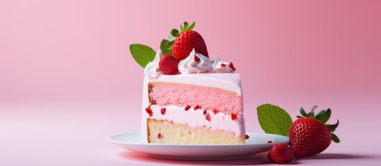 A slice of pink strawberry cake placed on a pink background with extra space for text or other images. Creative banner. Copyspace image