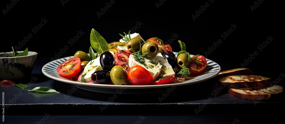 Poster a plate with flavorful olives ripe tomato and a chunk of firm goat cheese positioned from the top th