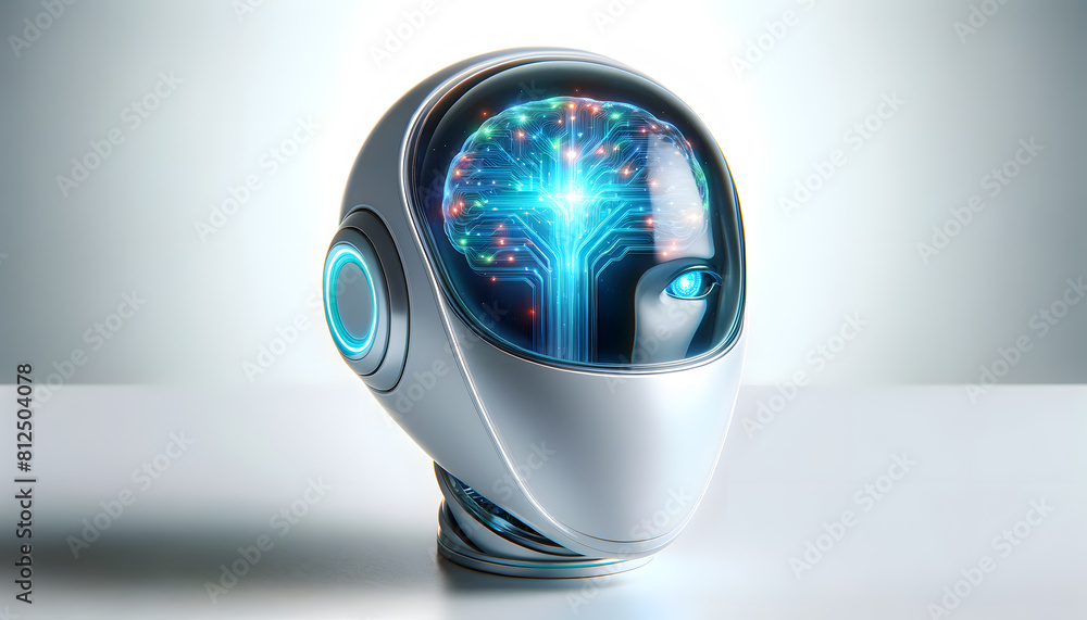 Poster a single ai robot head with a transparent cranium, showing vibrant neural networks, set against a st