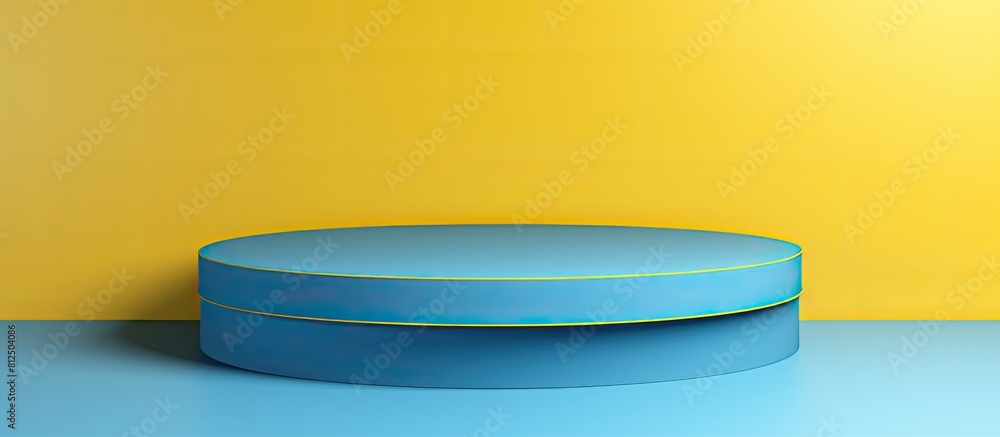 Poster a light blue podium platform sits on a blue and yellow background resembling a blank round geometric