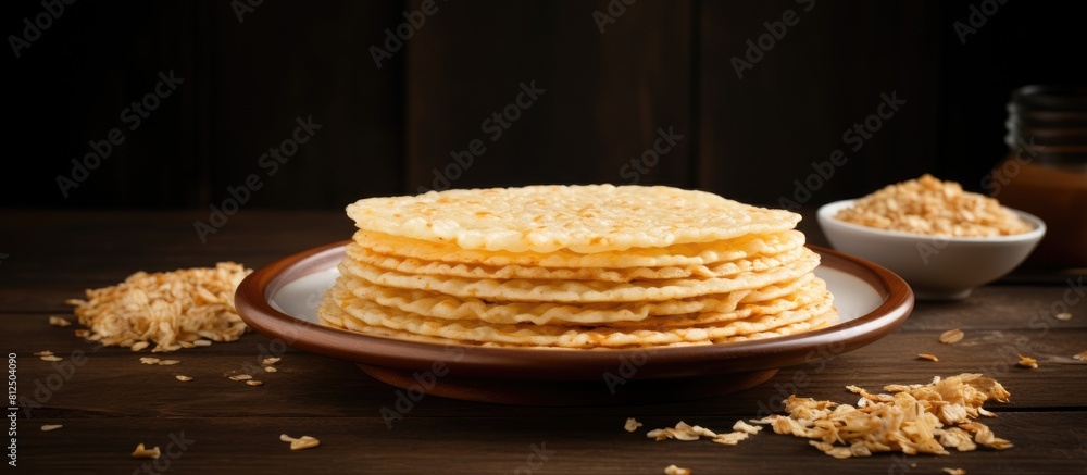 Poster a plate of puffed rice pancakes is placed on the table ready to be enjoyed 83 characters. creative b