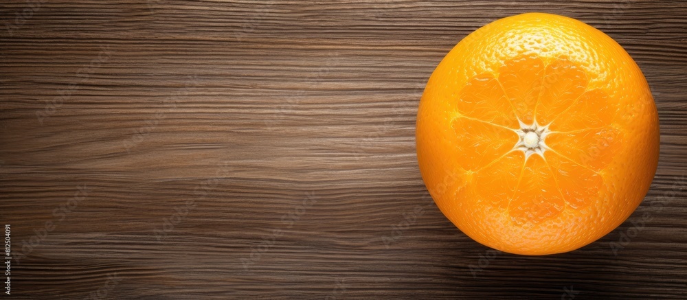 Poster Top view of a fresh orange placed on a textured wooden surface creating a visually appealing composition with copy space for an image