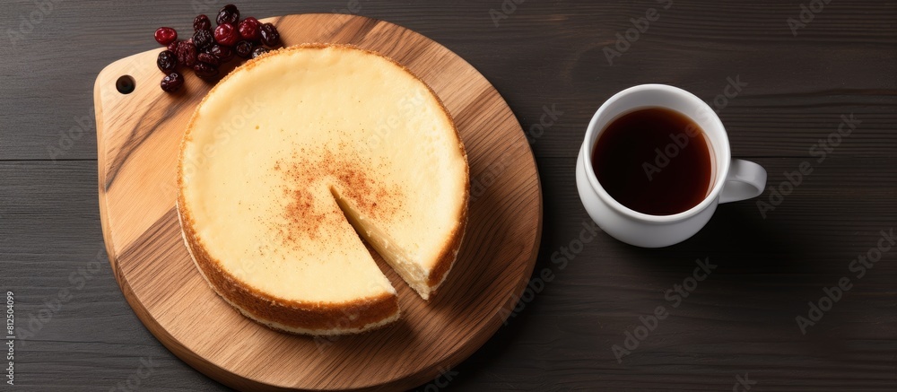 Poster a cheesecake on a wooden plate sits alongside a cup of black coffee on a white background creating a