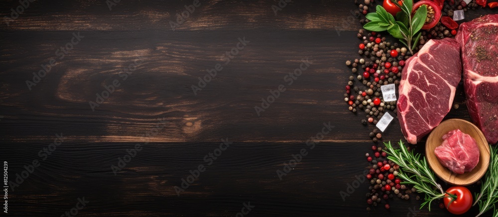 Poster the black wooden table presents a flat lay arrangement with fresh raw cut meat providing ample space