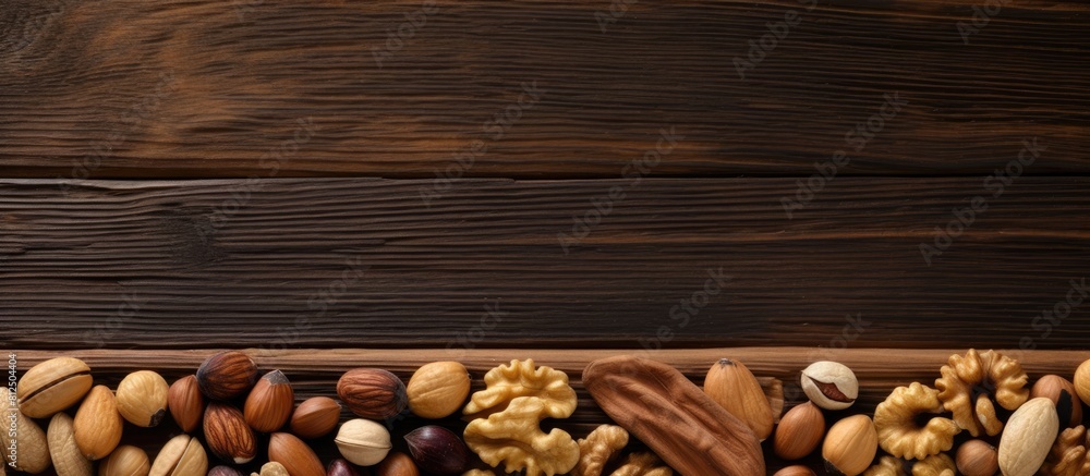 Aufkleber top view of a wooden board background with a frame of nuts providing copy space for text