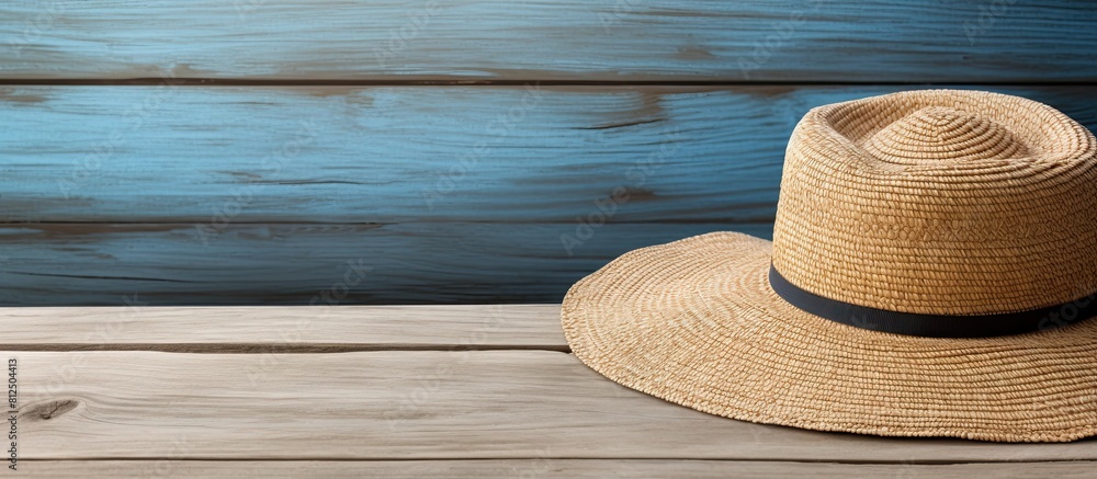 Poster wooden background with a beach hat providing copy space in the image