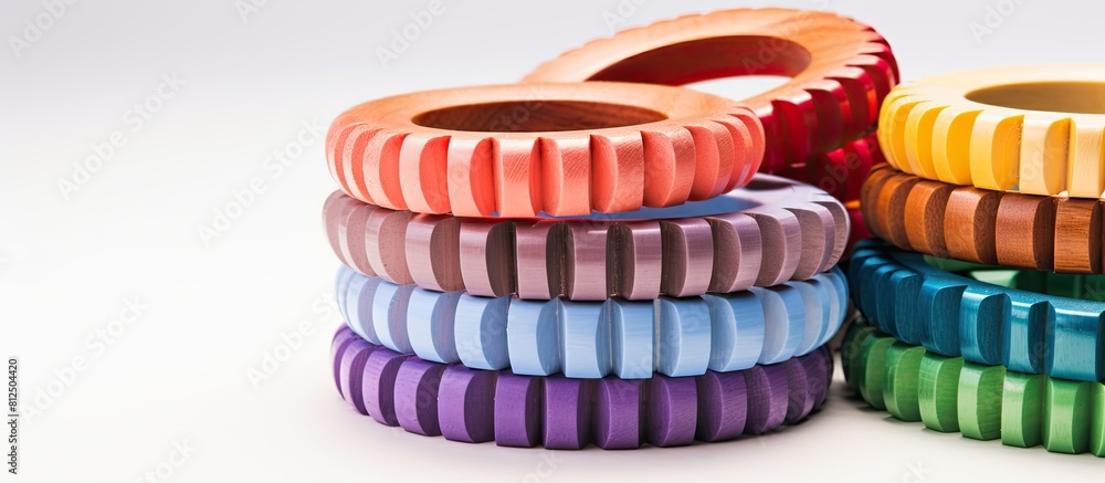 Poster a colorful pyramid of wooden rings arranged on a white background for use as a copy space image