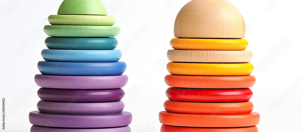 Poster A colorful pyramid of wooden rings arranged on a white background for use as a copy space image
