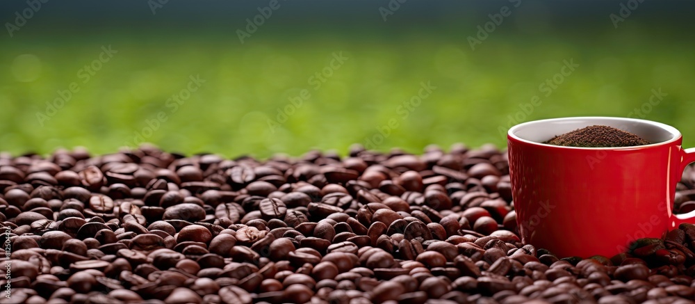 Poster A quality and enjoyment concept of freshly ground coffee beans is depicted by a red cup filled with coffee beans placed on a gray lawn surrounded by other coffee beans Copy space image