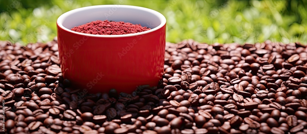 Poster A quality and enjoyment concept of freshly ground coffee beans is depicted by a red cup filled with coffee beans placed on a gray lawn surrounded by other coffee beans Copy space image