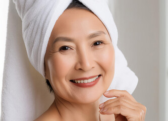 Mid age adult asian woman standing in bathroom after shower