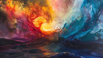 A dynamic collision of vivid hues erupting into a breathtaking power splash, casting an ethereal glow across the landscape