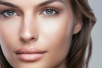 Fototapeta premium Beautiful brunette woman with long hair, radiant perfect skin, beauty industry, beauty and health.