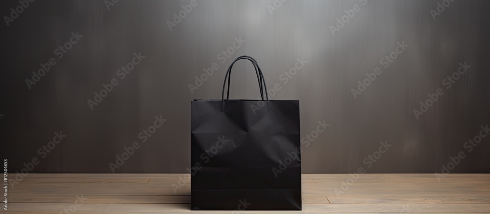 Poster A black paper bag rests on a clean white wooden table creating a perfect space for adding text