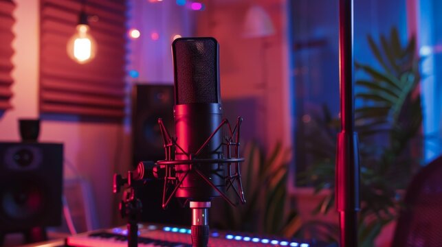 Professional microphone in soundproof room with neon lights. Perfect for recording podcasts, voiceovers, and music.