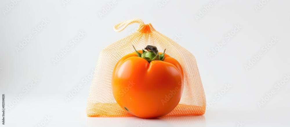 Poster A ripe orange persimmon is displayed in a mesh shopping bag set against a white background with empty space available for adding text. Creative banner. Copyspace image
