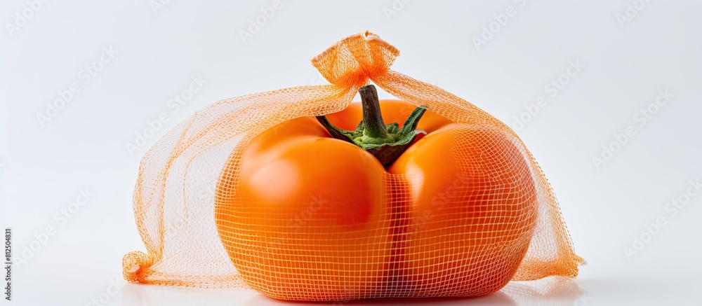 Poster A ripe orange persimmon is displayed in a mesh shopping bag set against a white background with empty space available for adding text. Creative banner. Copyspace image