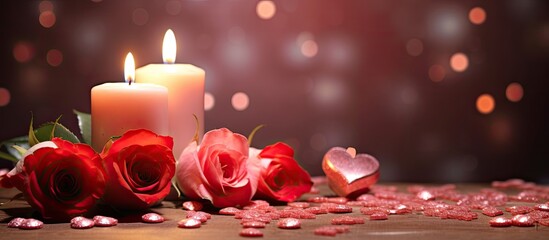A romantic ambiance is created with Valentine s hearts candles and roses against a sparkling background providing ample copy space for playful compositions