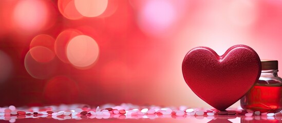 A romantic Valentine s Day setting with a pink heart atop a vibrant red background The image showcases the essence of Valentine s Day featuring a flat lay composition with a captivating bokeh effect