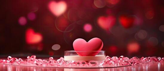 A romantic Valentine s Day setting with a pink heart atop a vibrant red background The image showcases the essence of Valentine s Day featuring a flat lay composition with a captivating bokeh effect