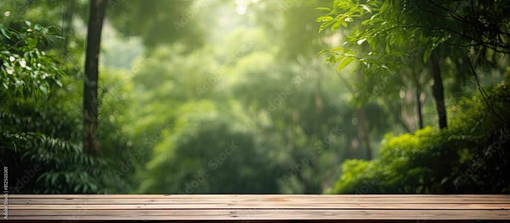 Aufkleber a rustic wooden plank blending into the lush green forest with a soft background of light bokeh and 