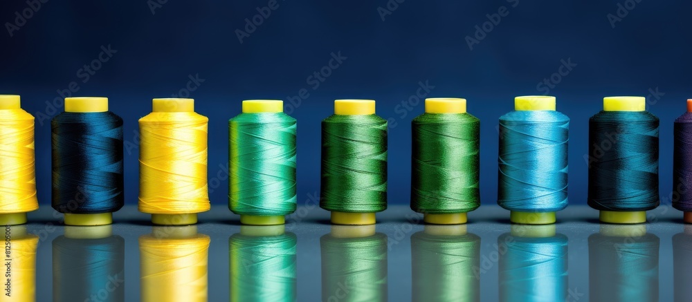 Poster A row of colorful sewing thread spools in blue yellow and green on denim with space for additional images or text