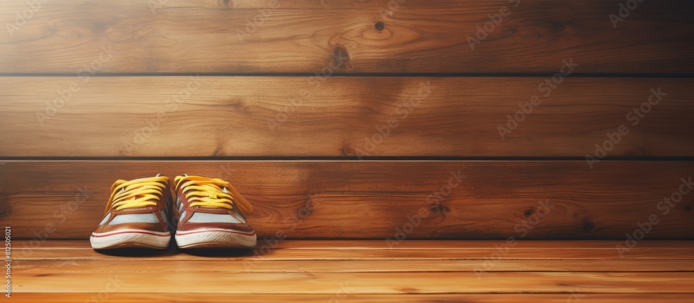 Poster pair of running shoes placed on a wooden floor with plenty of empty space around for a copy space im