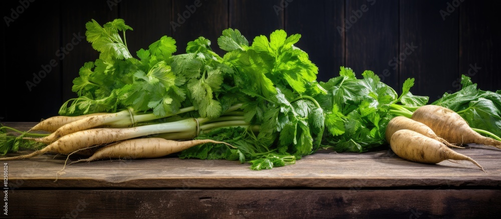 Aufkleber A rustic wooden table is adorned with a bountiful display of fresh ripe parsnips and vibrant green leaves This delightful arrangement forms a flat lay leaving ample space for the addition of text