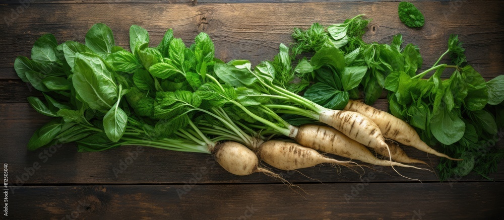 Aufkleber A rustic wooden table is adorned with a bountiful display of fresh ripe parsnips and vibrant green leaves This delightful arrangement forms a flat lay leaving ample space for the addition of text