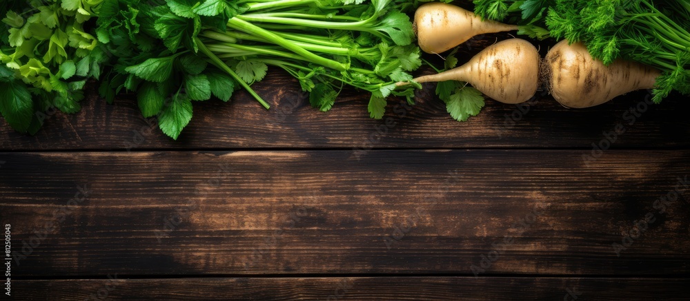 Aufkleber A rustic wooden table is adorned with a bountiful display of fresh ripe parsnips and vibrant green leaves This delightful arrangement forms a flat lay leaving ample space for the addition of text