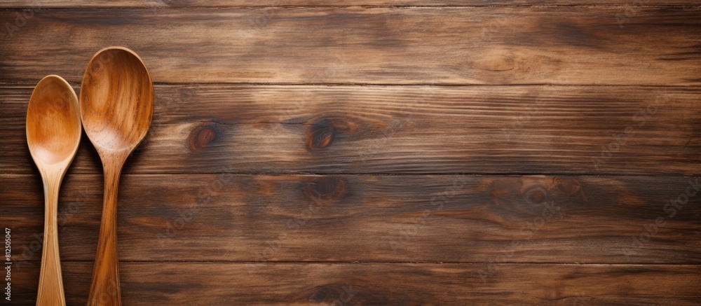 Poster A rustic wooden table with a pair of artisanal wooden spoon and fork on top leaving empty space for an image. Creative banner. Copyspace image