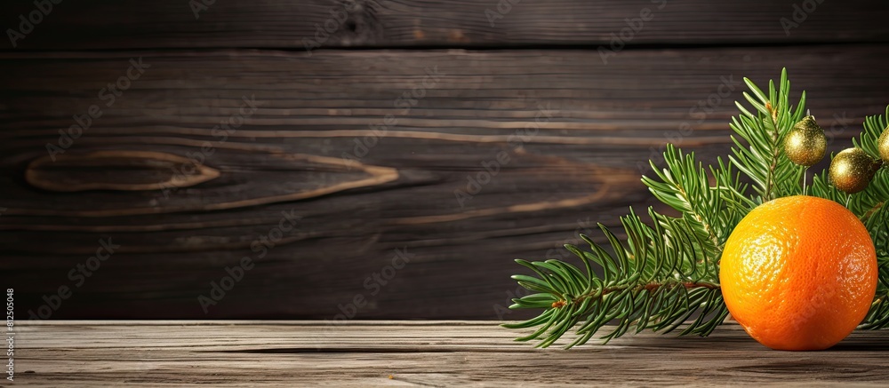 Poster a rustic christmas themed background featuring a single tangerine and a sprig of spruce on vintage w