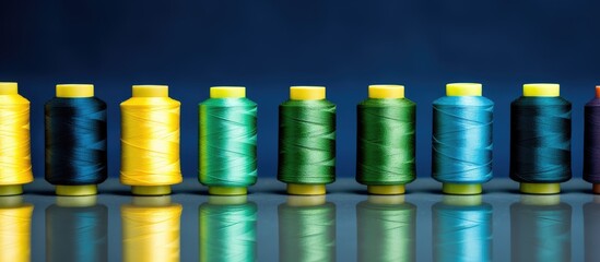 A row of colorful sewing thread spools in blue yellow and green on denim with space for additional images or text
