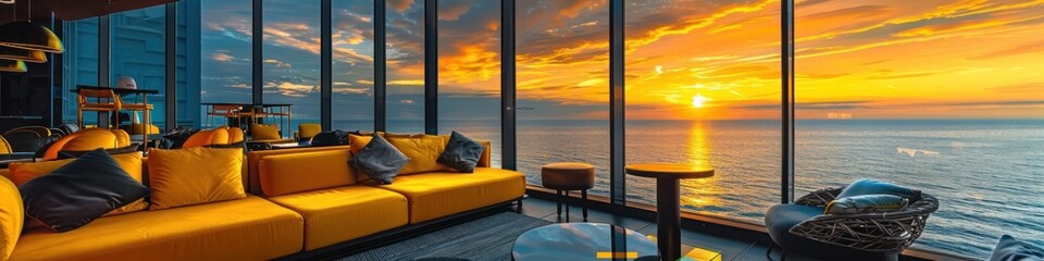 Sunset Symphony Panoramic Lounge Overlooking Vibrant Coastal Scenery - Powered by Adobe