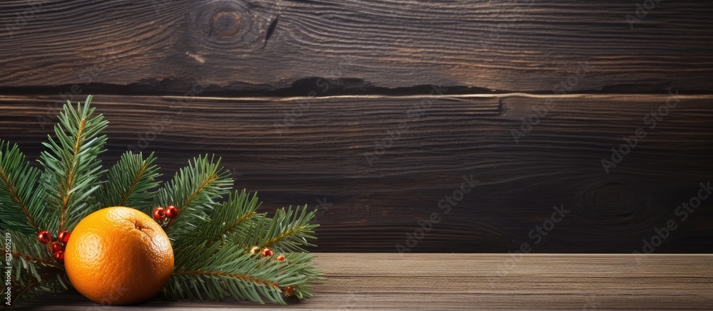 Poster a rustic christmas themed background featuring a single tangerine and a sprig of spruce on vintage w