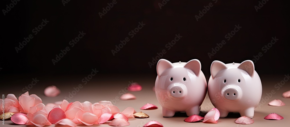 Aufkleber Valentine s Day themed composition featuring two small piggy bank figurines positioned on a pink background The image includes copy space and is captured from a top view perspective emphasizing the f