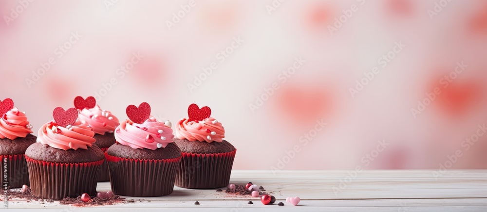 Poster valentine s day themed chocolate cupcakes displayed on a light background providing ample room for t