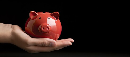 A man s hand securely grasping a piggy bank with a backdrop of empty space for personalized imagery. Creative banner. Copyspace image