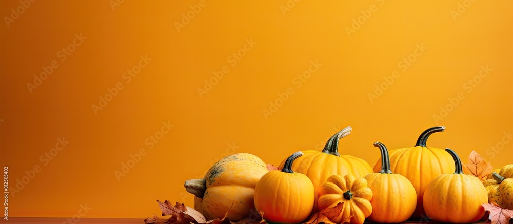 Poster a fall scene with pumpkins and colorful leaves on an orange background providing copy space for imag